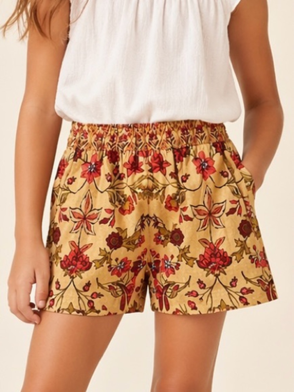 High-Waist Floral Elastic Shorts in Yellow with Red Print